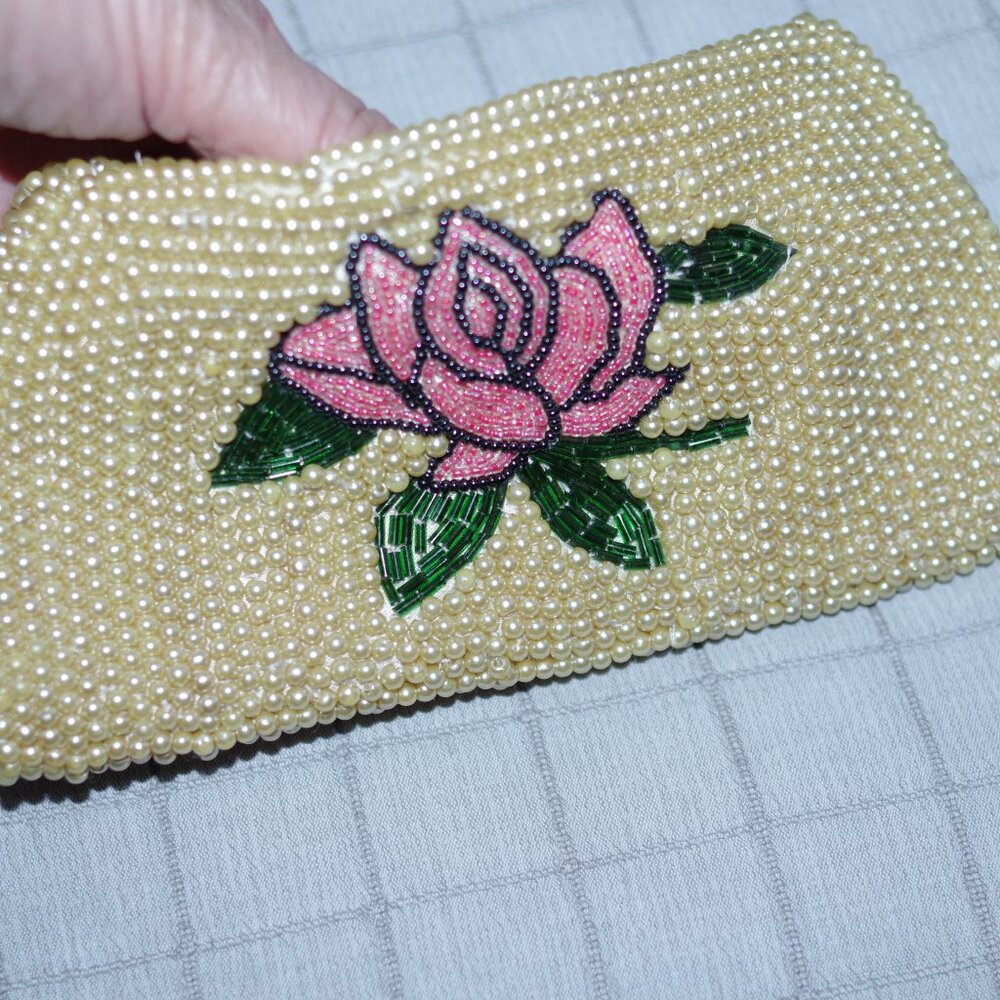Lili Scott Beaded Yellow Ivory Rose  Clutch Bag